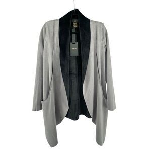 RAIN Women’s Grey Black Faux Suede Waterfall Drape Open Front Jacket Size Small